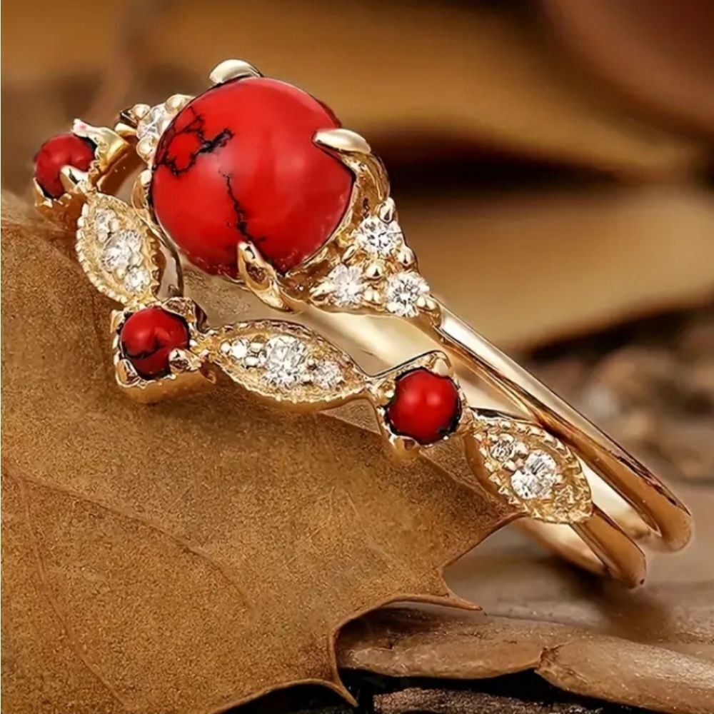 Ladies Red Vintage Bohemian bridal ring set sz 6